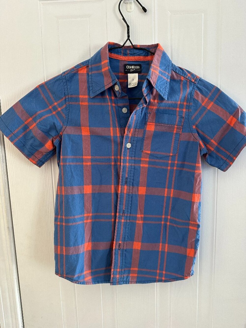 OshKosh B’gosh Boys Size 7 Blue & Orange Plaid Short Sleeve Shirt